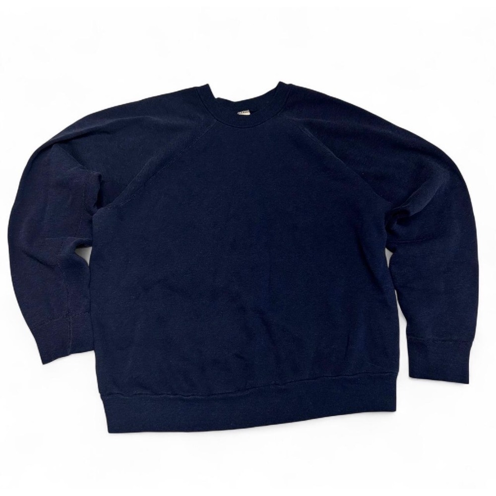 Vintage Navy Blue Raglan Sweatshirt Mens Large Blank Crewneck Solid Pullover - Picture 1 of 5